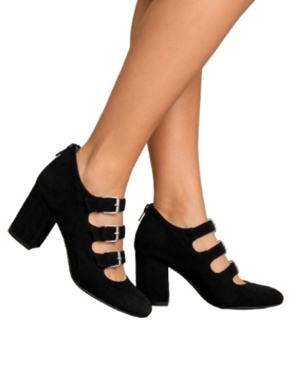 Corso Como Black Suede Mary Jane Heels Size 7 – Triple Buckle, Zip Back, 3” Heel
